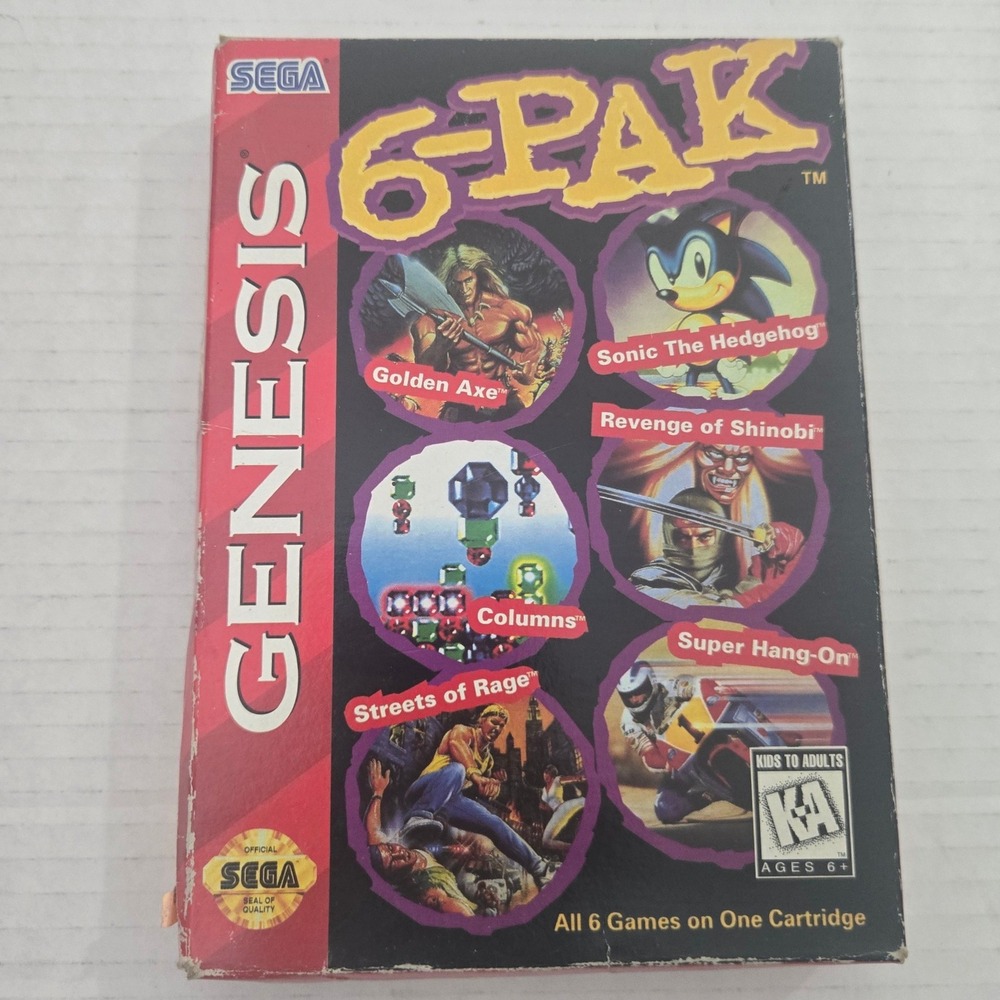 Sega Genesis 6-Pak CIB Cardboard Box Sonic Streets of Rage Shinobi Manual 1995
